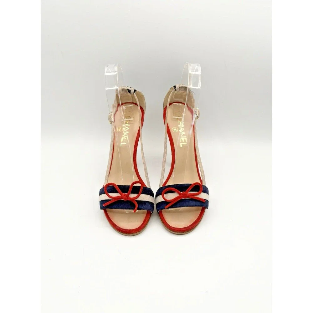 Chanel Navy & Red Suede & Cork Striped Sandals CC Logo Heel Nautical Size EU 36